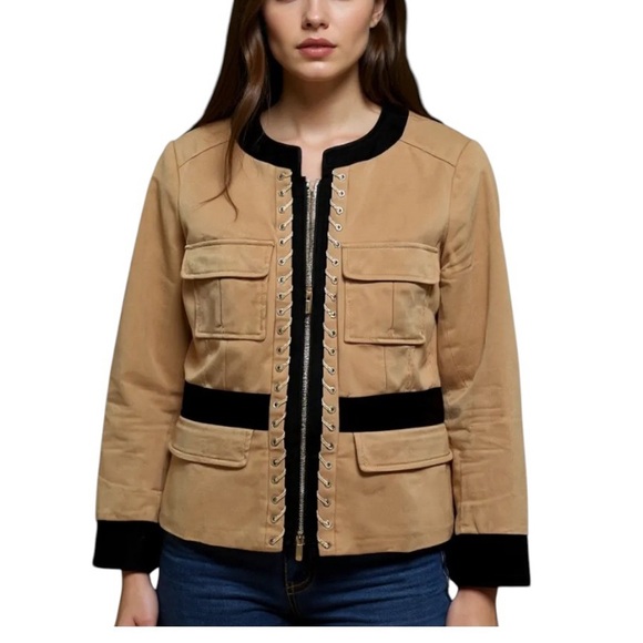 Etcetera Suit Jacket Size 8 Beige Black Dress Casual Cotton Zipper Front EUC - Picture 2 of 14